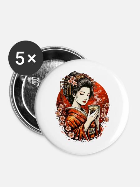 Geisha im Kirschblütenkreis - Buttons mittel 32 mm (5er Pack) - Weiß