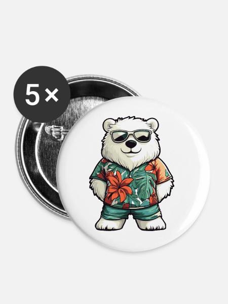 Eisbär Comic Urlaub - Buttons mittel 32 mm (5er Pack) - Weiß
