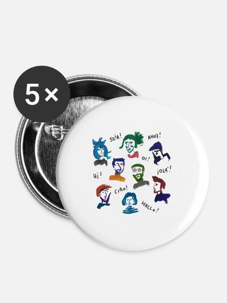 Bunte Kopfgesichter - Buttons mittel 32 mm (5er Pack) - Weiß