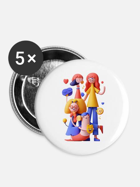 Bunte Gruppenszene Freundschaftskunst - Buttons mittel 32 mm (5er Pack) - Weiß