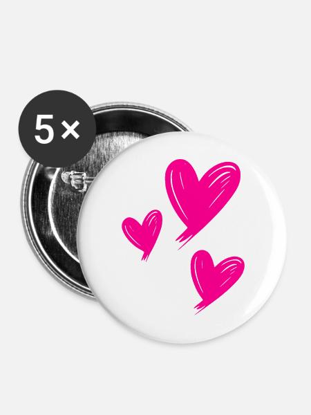 Herzen pink - Buttons mittel 32 mm (5er Pack) - Weiß