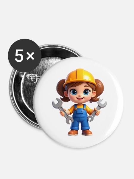 Kleine Bauheldin mit Werkzeugen - Buttons mittel 32 mm (5er Pack) - Weiß