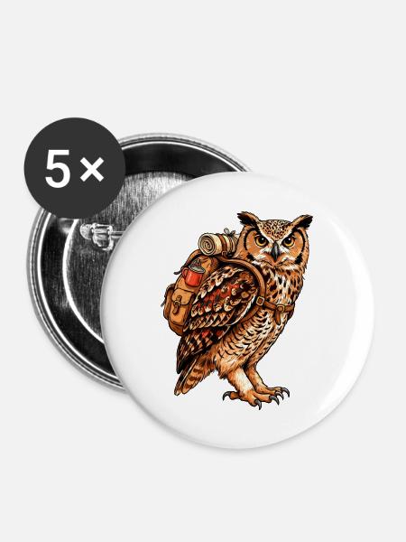 Eule mit Rucksack - Buttons mittel 32 mm (5er Pack) - Weiß