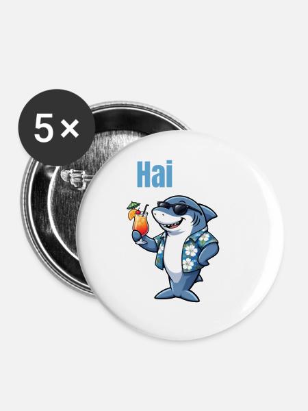 Hai-Life | Cooler Cartoon-Hai mit Sommerfeeling - Buttons mittel 32 mm (5er Pack) - Weiß
