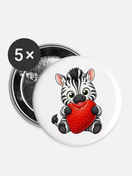 Süßes Cartoon Zebra mit Erdbeeren - Buttons mittel 32 mm (5er Pack) - Weiß