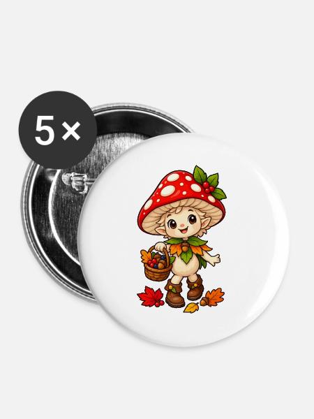 Pilz-Elfe mit Herbstkorb - Buttons mittel 32 mm (5er Pack) - Weiß