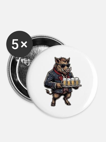 Bier Wildschwein Biergarten - Buttons mittel 32 mm (5er Pack) - Weiß