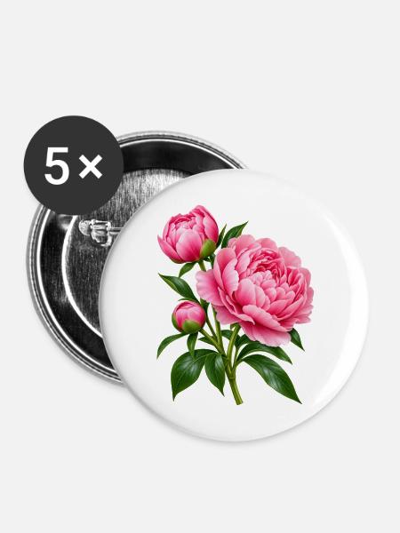 Rosa Pfingstrosenblütenstrauß - Buttons mittel 32 mm (5er Pack) - Weiß
