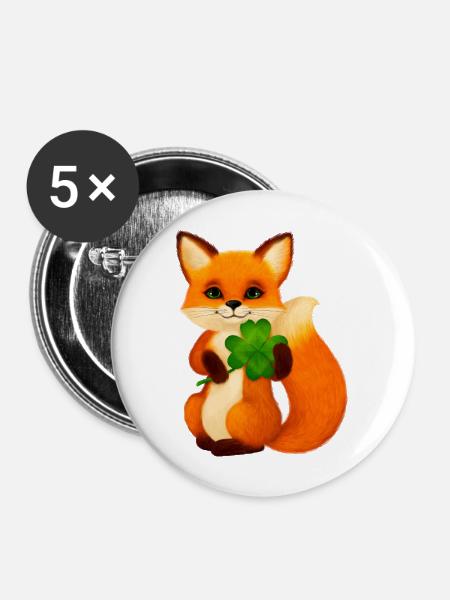 Niedlicher kleiner Fuchs mit vierblättrigem Klee - Buttons mittel 32 mm (5er Pack) - Weiß