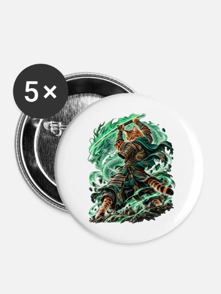 Samurai Cat Dragonheart - Buttons mittel 32 mm (5er Pack) - Weiß