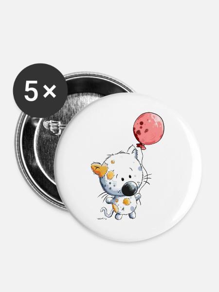 Katze mit Ballon - Buttons mittel 32 mm (5er Pack) - Weiß
