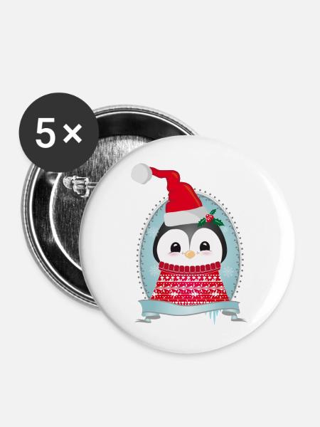 weihnachtlicher Pinguin mit Strickpullover & Mütze - Buttons mittel 32 mm (5er Pack) - Weiß