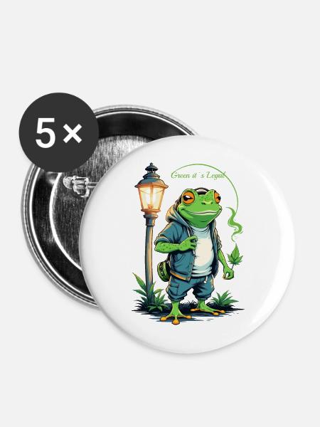 Grüner Frosch mit Hanfblatt - Buttons mittel 32 mm (5er Pack) - Weiß