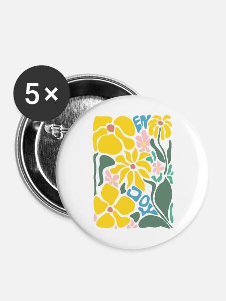 Gute Laune Blumen - gelb - Buttons mittel 32 mm (5er Pack) - Weiß