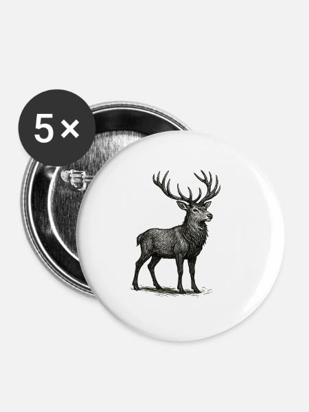 Detailreiche Hirschzeichnung - Buttons mittel 32 mm (5er Pack) - Weiß