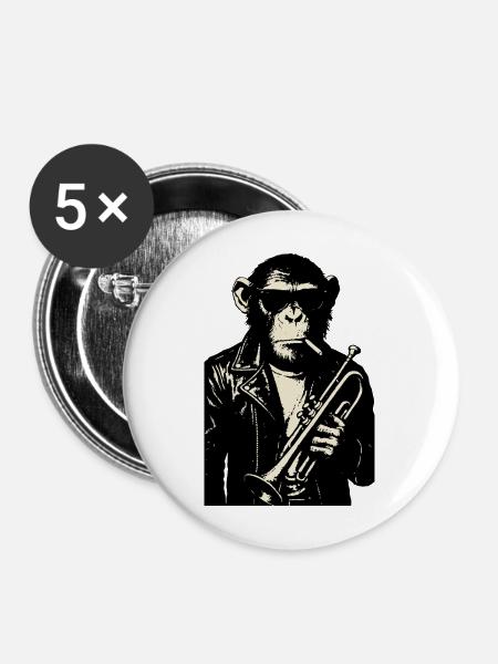 Lederjacke Jazz-Schimpanse mit Trompete - Buttons mittel 32 mm (5er Pack) - Weiß