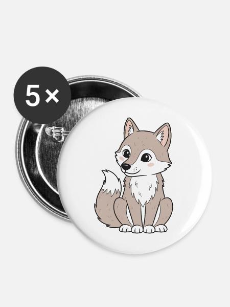 Kuscheliger Cartoon-Wolf - Buttons mittel 32 mm (5er Pack) - Weiß