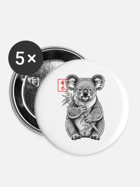 Koala Asiatisch - Buttons mittel 32 mm (5er Pack) - Weiß