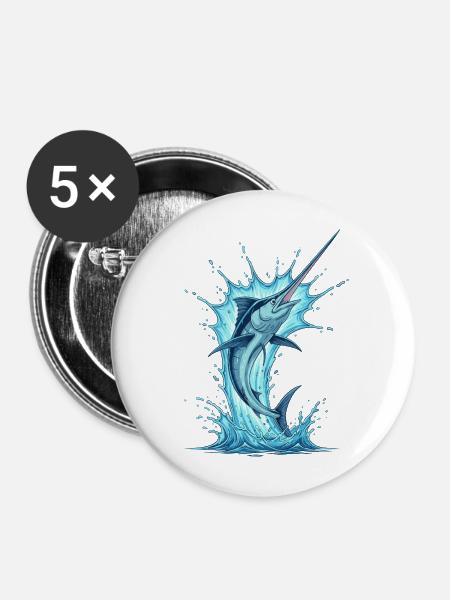 Blauer Marlin Sprung Kunstmotiv - Buttons mittel 32 mm (5er Pack) - Weiß