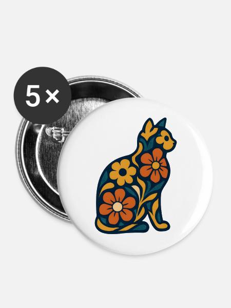 Blumenkatze im Nachtblau - Buttons mittel 32 mm (5er Pack) - Weiß