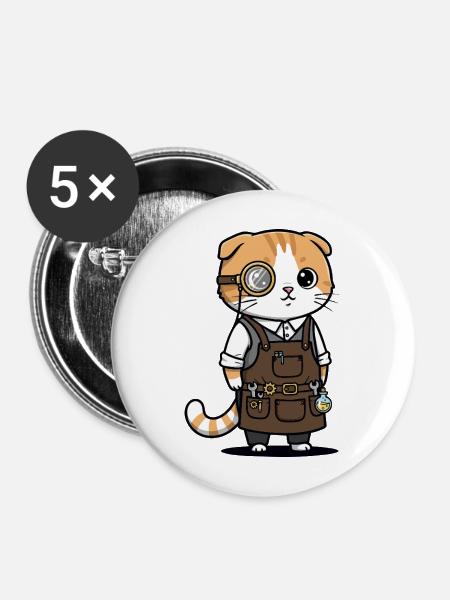 Scottish Fold Steampunk-Monokel-Erfinderkatze - Buttons mittel 32 mm (5er Pack) - Weiß