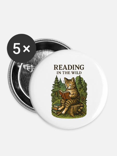 Lesen im Wildwald Katze - Buttons mittel 32 mm (5er Pack) - Weiß
