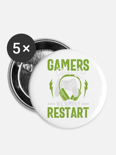 Gamer Geist: Never Quit Restart Geschenk - Buttons mittel 32 mm (5er Pack) - Weiß