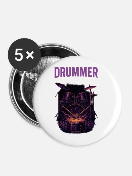 Neon-Lila Drumset Illustration Drummer - Buttons mittel 32 mm (5er Pack) - Weiß