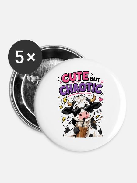 Süß aber chaotisch - Kuh mit Eiskaffee - Buttons mittel 32 mm (5er Pack) - Weiß