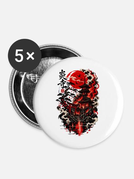 Roter Mond über Pagode im Zen-Garten - Buttons mittel 32 mm (5er Pack) - Weiß