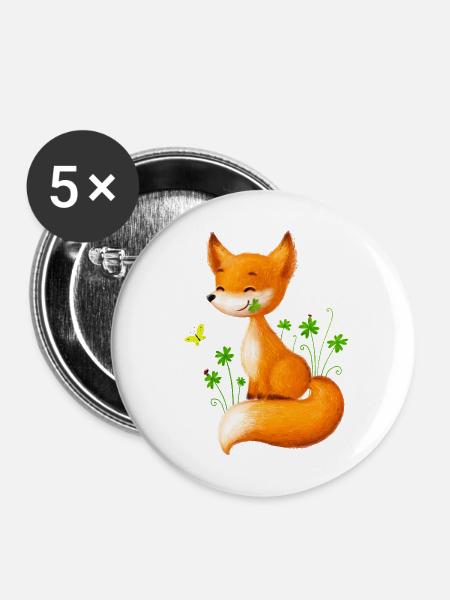 Süßer Fuchs in Kleeblättern - Buttons mittel 32 mm (5er Pack) - Weiß