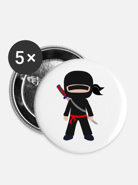Ninja Cartoon mit Schwert - Buttons mittel 32 mm (5er Pack) - Weiß