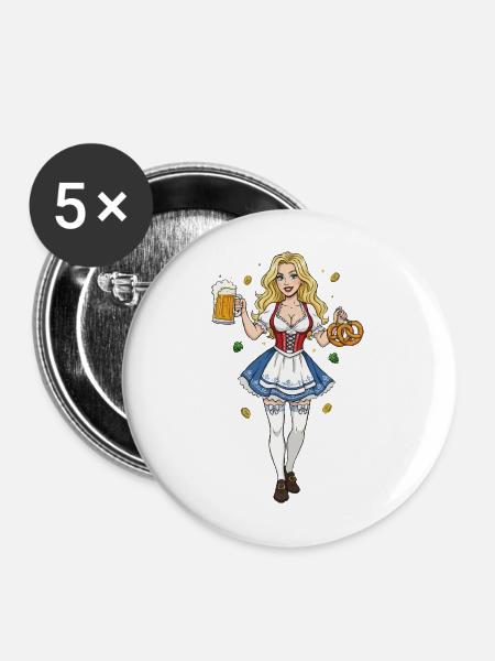 Oktoberfeest vrouw in dirndl - Buttons mittel 32 mm (5er Pack) - Weiß