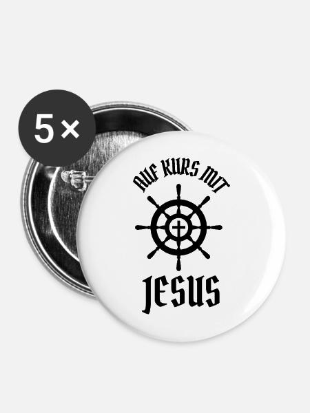 Auf Kurs mit Jesus - Buttons mittel 32 mm (5er Pack) - Weiß