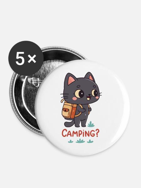 Kawaii Camping Katze und Rucksack - Buttons mittel 32 mm (5er Pack) - Weiß