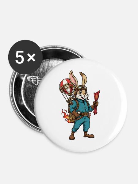 Rabbit Aviator Steampunk Heißluftballonflug - Buttons mittel 32 mm (5er Pack) - Weiß