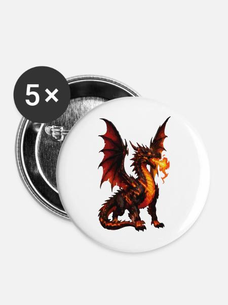 Feuerdrache Flammenatem - Buttons mittel 32 mm (5er Pack) - Weiß
