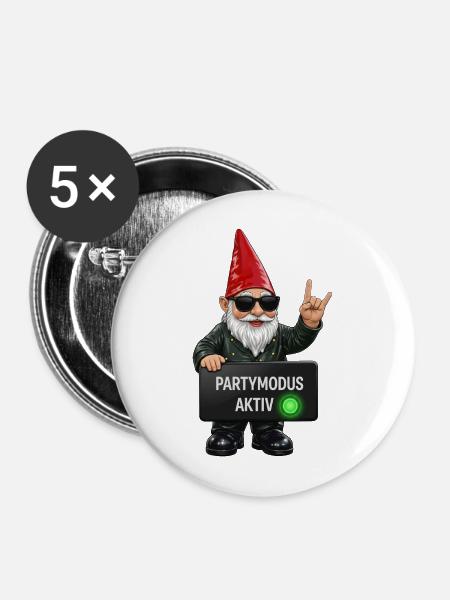 Gnom mit Partymodus Aktiv - Buttons mittel 32 mm (5er Pack) - Weiß