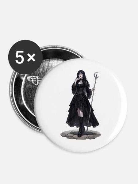 Gothic Hexenkönigin mit Stab - Buttons mittel 32 mm (5er Pack) - Weiß
