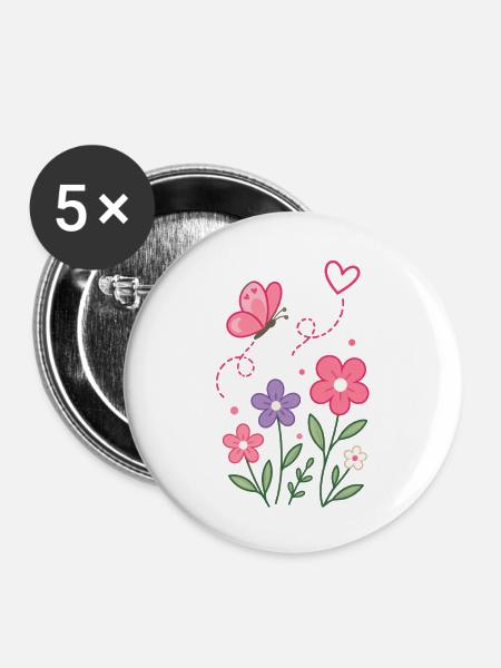 Blumenzauber mit Schmetterling - Buttons mittel 32 mm (5er Pack) - Weiß
