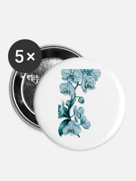 Blau Orchideen Druck - Buttons mittel 32 mm (5er Pack) - Weiß
