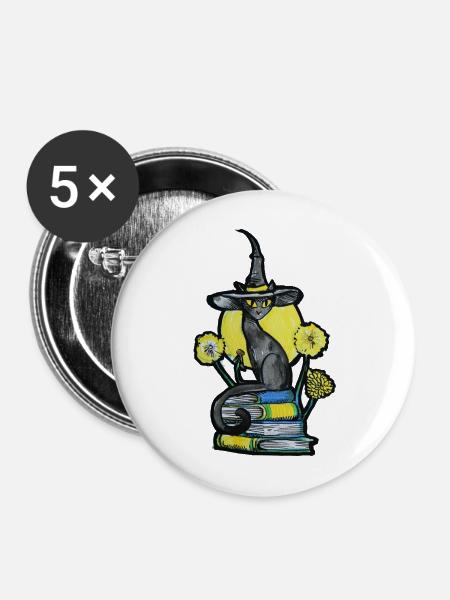 Hexenkatze zwischen Büchern - Buttons mittel 32 mm (5er Pack) - Weiß