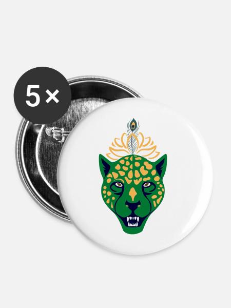 Grüner Leopard mit Feder - Buttons mittel 32 mm (5er Pack) - Weiß