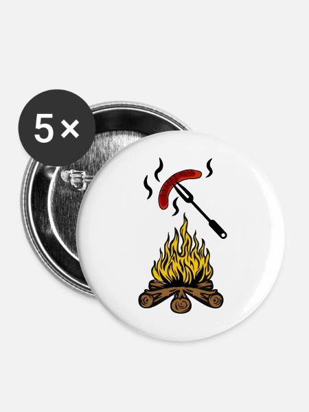 Lagerfeuer mit Bratwurst - Buttons mittel 32 mm (5er Pack) - Weiß