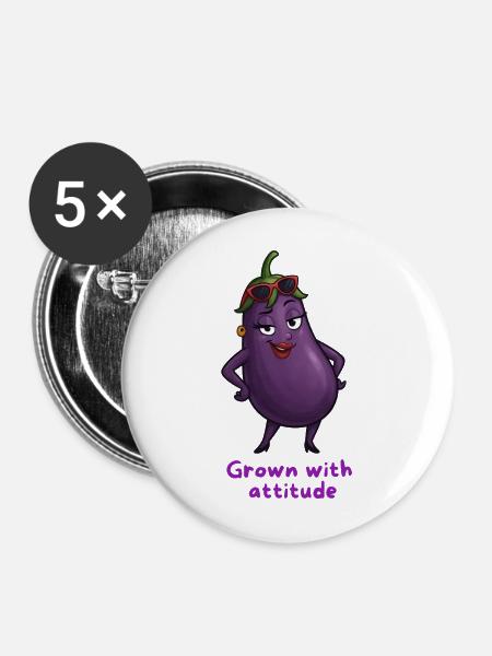 Aubergine mit Attitüde Gemüse Illustration - Buttons mittel 32 mm (5er Pack) - Weiß