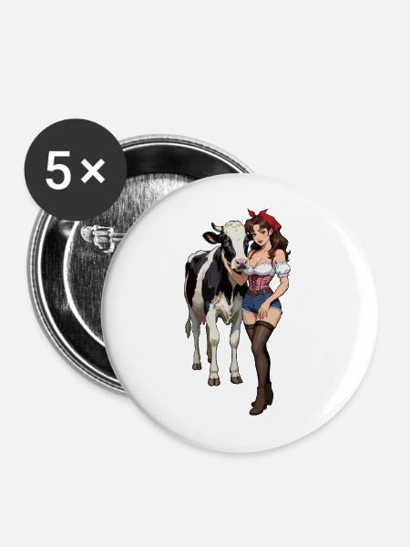 Pinup-Bauernfrau mit Kuh - Buttons mittel 32 mm (5er Pack) - Weiß