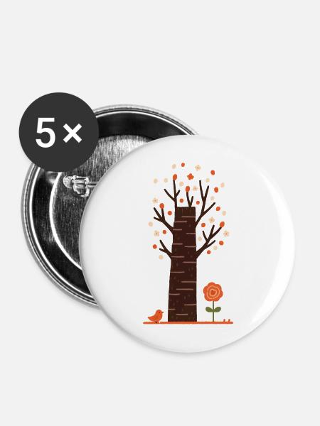 Verspielter Blütenbaum mit Vogel - Buttons mittel 32 mm (5er Pack) - Weiß