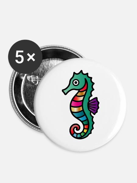 Buntes Seepferdchen | Maritimes Kunstmotiv - Buttons mittel 32 mm (5er Pack) - Weiß