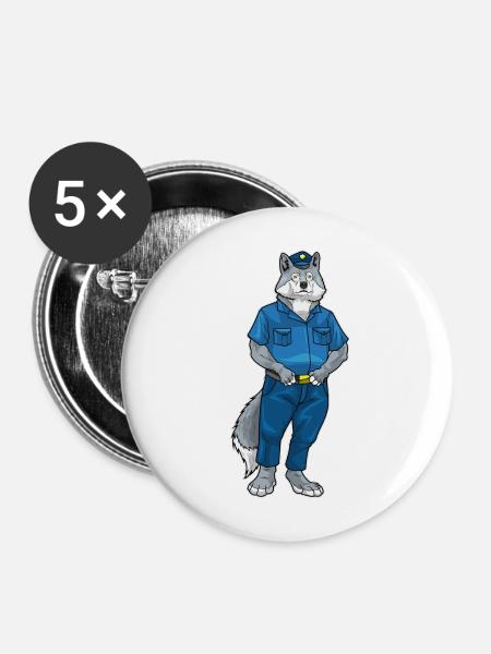 Wolf Polizist Polizei - Buttons mittel 32 mm (5er Pack) - Weiß