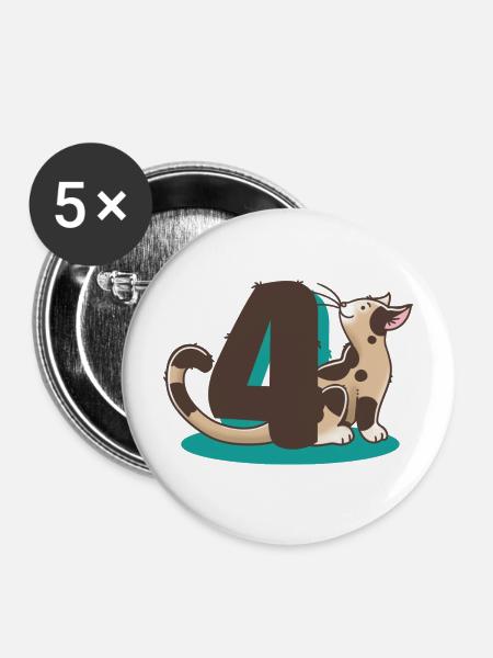 Katze Zahl 4 - Buttons mittel 32 mm (5er Pack) - Weiß
